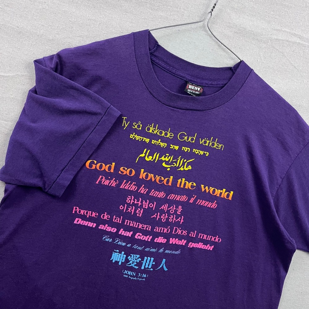 Fruit of the Loom T-Shirt Mens XL Purple Vintage 1992 John 3:16 Multilingual Tee